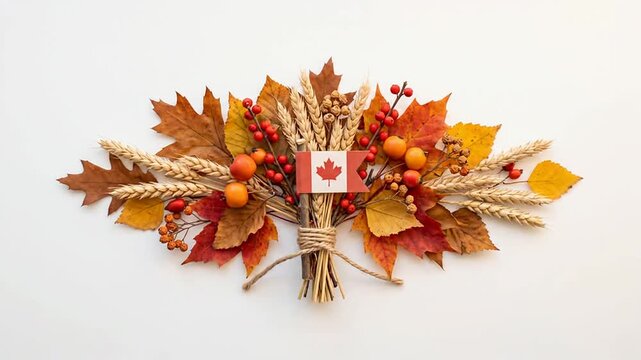 Autumn arrangement with wheat and red leaf flag on white background