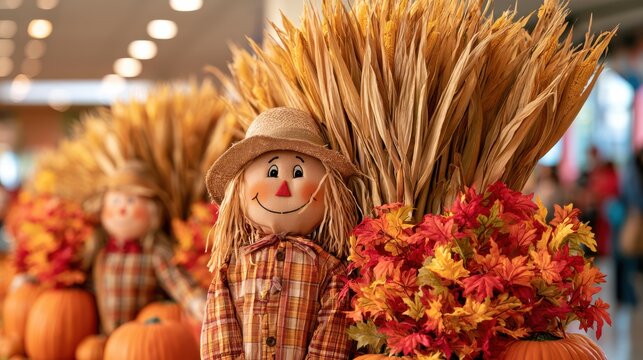 A festive scarecrow with a straw hat stands amidst autumn leaves, pumpkins, and dried wheat, evoking a warm, rustic fall harvest scene indoors.
