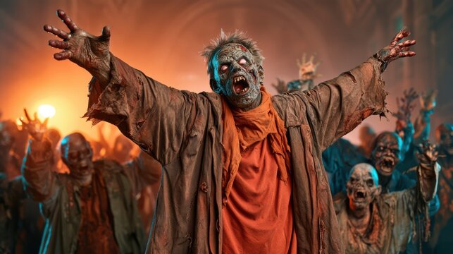 A group of terrifying zombies with decayed faces and outstretched arms emerge in a dimly lit, eerie environment.