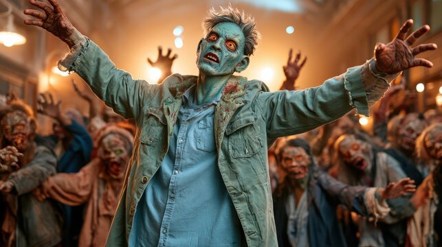 A group of terrifying zombies with decayed skin and outstretched arms, led by a prominent blue-skinned figure, advances through a dimly lit corridor.