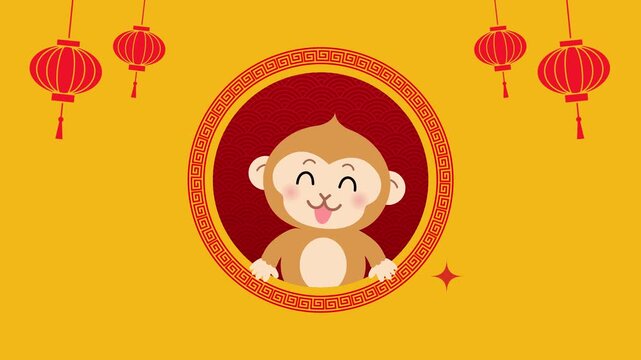 Chinese New Year 2028 card cartoon animation with cute zodiac monkey mascot.