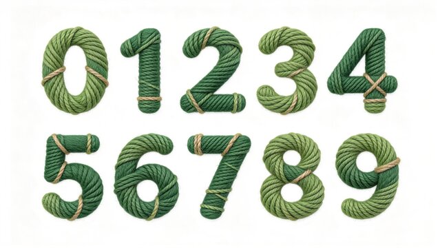 Green twine rope numerals zero to nine, handmade tied 3D typography set isolated on white background
