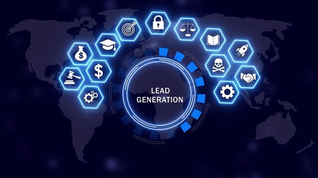 Digital lead generation strategy concept featuring animated global business and glowing hexagonal interface for corporate marketing, sales funnel optimization, and data analytics