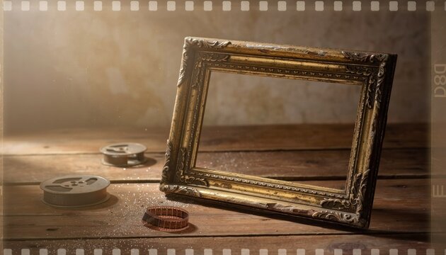 Ornate gold picture frame resting on rustic wooden table.