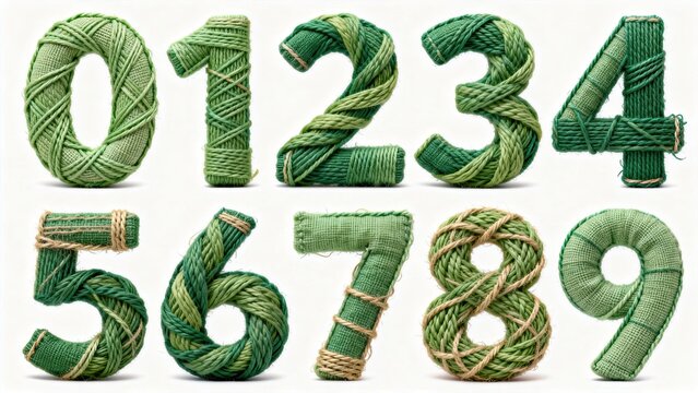 Green twine rope numerals zero to nine, handmade tied 3D typography set isolated on white background