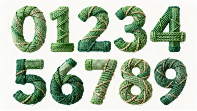 Green twine rope numerals zero to nine, handmade tied 3D typography set isolated on white background