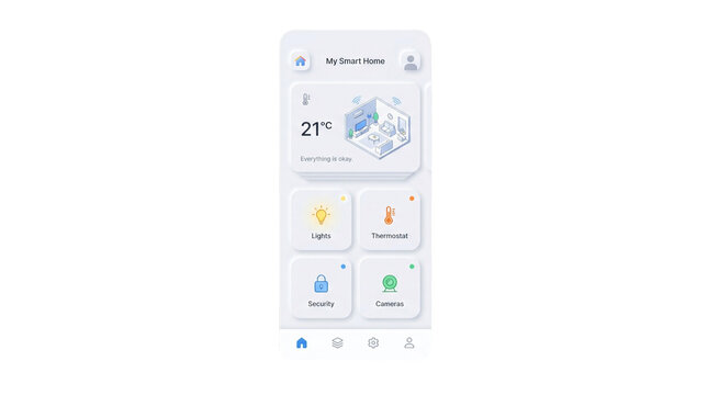 Smart home app interface on mobile phone, showing temperature control, lights, security, and camera settings