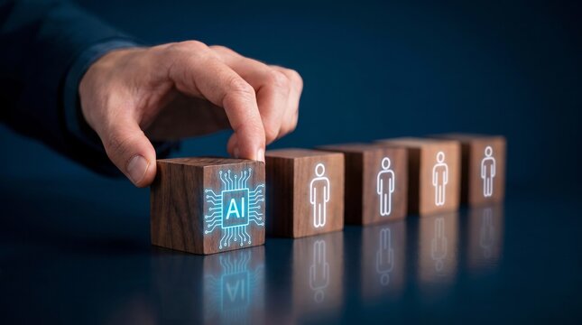 Human hand places wooden block featuring bright artificial intelligence circuit icon next to several simple white human figure design icons