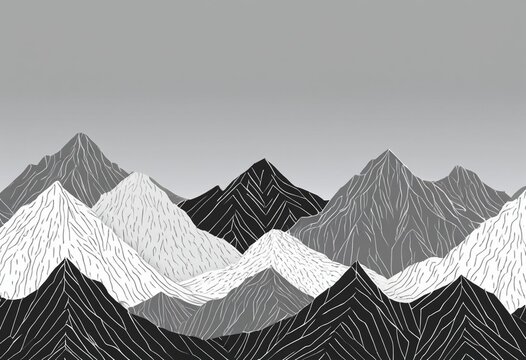 Minimalist Mountain Range Landscape Illustration with Abstract Texture, Gray Tones