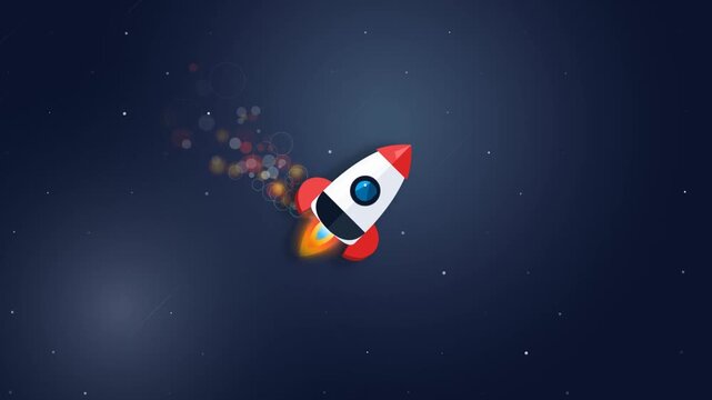 A vibrant flat vector illustration features a smooth white rocket ship ascending diagonally toward the upper right. The spacecraft is detailed with bold red fins, a matching nose cone, a dark navy low