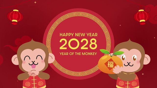 Two happy monkeys mascots celebrating Chinese New Year 2028 animation video. Chinese text translation: "Good fortune".