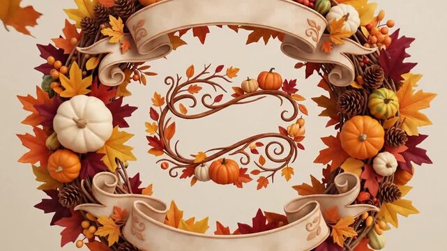 Decorative autumn wreath with blank banners and falling leaves