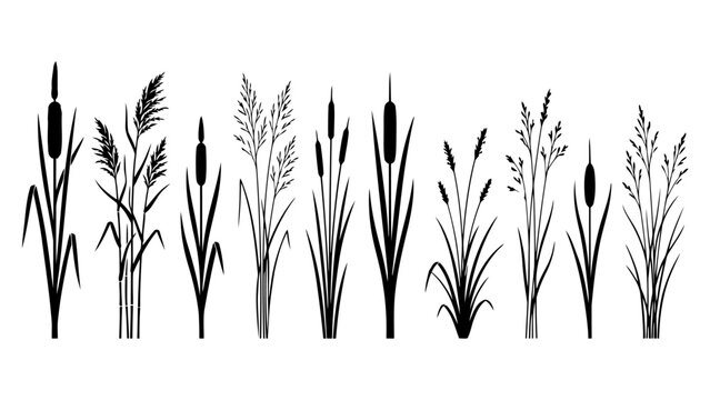 Set of black silhouettes of reeds, cattails, and wild grasses
