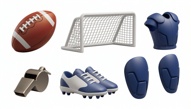 A 3D illustration features a soccer goal, blue cleats, and protective gear on a white.