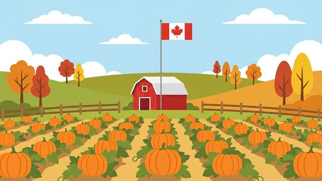 Animated pumpkin patch farm with red barn and autumn harvest scenery
