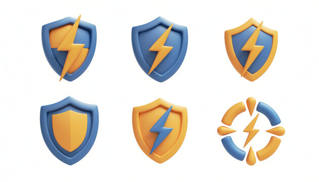 3D rendered icons of blue and yellow shields featuring lightning bolts over a white.