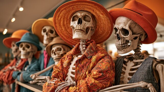 Five skeletons dressed in colorful, vintage-style hats and clothing are seated indoors, creating a quirky, Halloween or Day of the Dead-themed display.