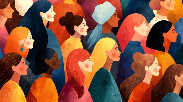 International women&rsquo;s day poster featuring a vibrant crowd of diverse women with different appearances and backgrounds, colorful rainbow tones, front-facing portraits, inclusive community, unity, equa