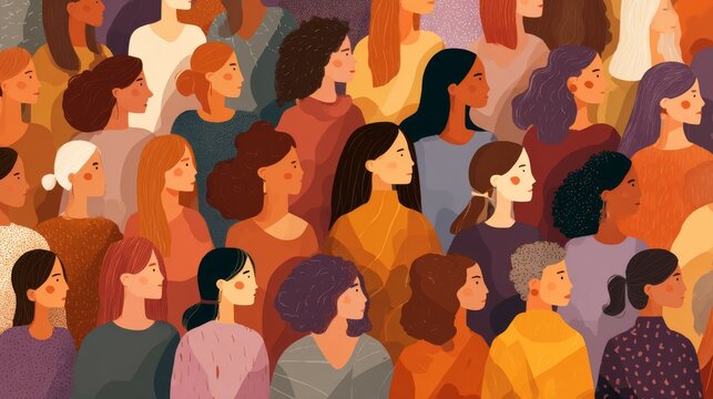 International women&rsquo;s day poster featuring a vibrant crowd of diverse women with different appearances and backgrounds, colorful rainbow tones, front-facing portraits, inclusive community, unity, equa