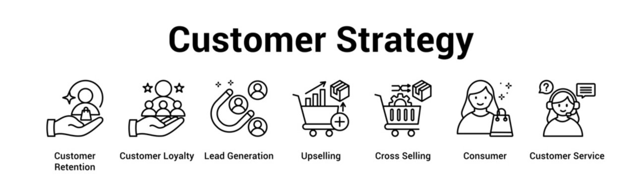 Customer Strategy web banner icon vector illustration concept for business with icon of Customer Retention, Customer Loyalty, Lead Generation, Upselling, Cross Selling, Consumer.