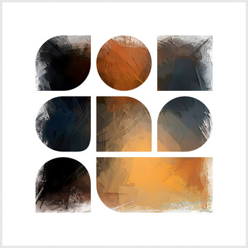 Form & Horizon - Rust & Deep Blue Solid shapes fragments rigid geometry and fluid, organic textures, gradient black and orange brown