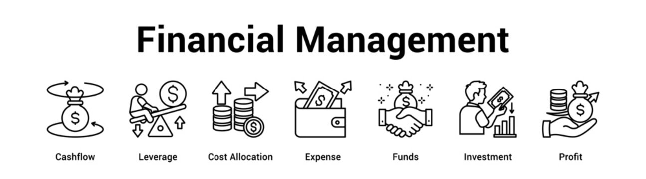Financial Management web banner icon vector illustration concept for business with icon of Cashflow, Leverage, Cost Allocation, Expense, Funds.