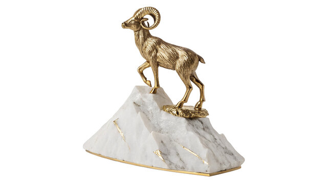 Golden metallic wild ram sheep standing rock isolated on transparent background