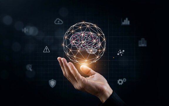 Human hand holding glowing digital brain network sphere with connection lines and futuristic tech hud