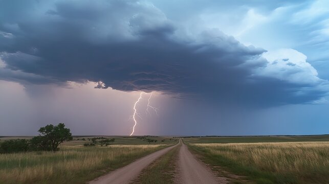 Dramatic storm clouds loom over a rural landscape, showcasing a brilliant lightning strike illuminating a solitary country road