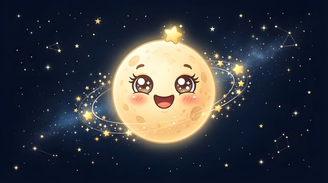 Adorable Cartoon Moon with Stars and Ring, Whimsical Space Illustration