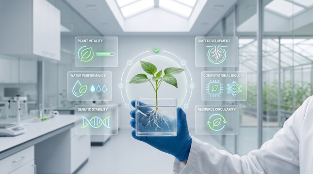 Computational biology and precision agriculture interface displaying plant genetic stability and water performance analytics