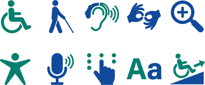 Set of accessibility icons for people with disabilities including wheelchair, hearing aid, sign language, and screen reader
