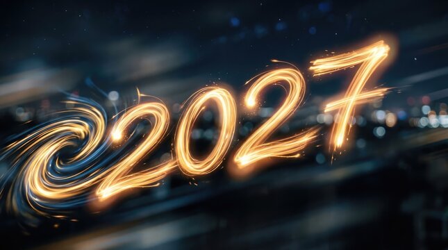 Bright golden light trails beautifully create the numbers for the year two thousand twenty one on black