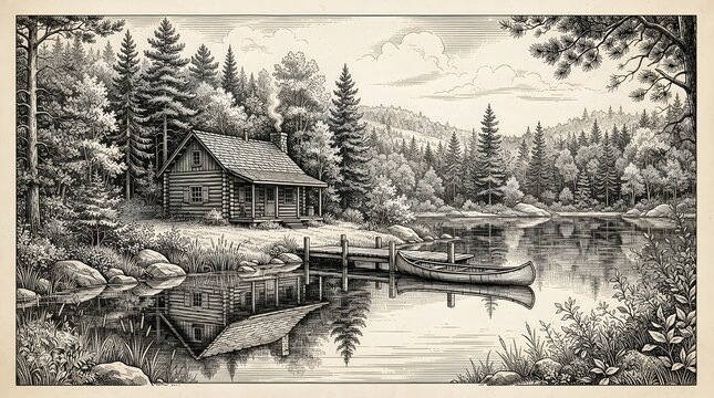 Vintage sketch of a cozy log cabin by a serene lake with reflection in the forest