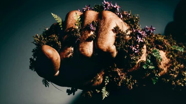 Hand covered in moss and small flowers symbolizing nature's embrace. A close-up shot of a human hand adorned with lush moss, ferns, and delicate purple flowers