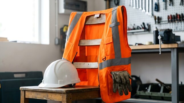 Hard hat and high-visibility vest in a workshop, symbolizing essential personal protective equipment for a secure and productive work environment