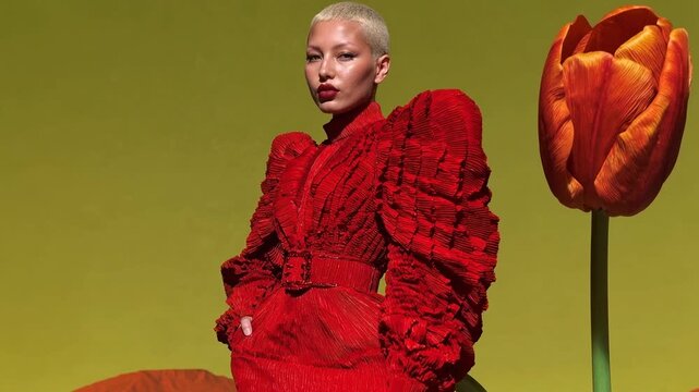 Striking fashion model in avant-garde red dress posing with giant tulips. A fashionably styled model with a buzz cut and bold makeup wears a dramatic red textured dress