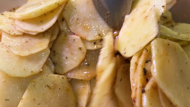 Close-up of marinated potato slices mixed with spices and herbs before baking