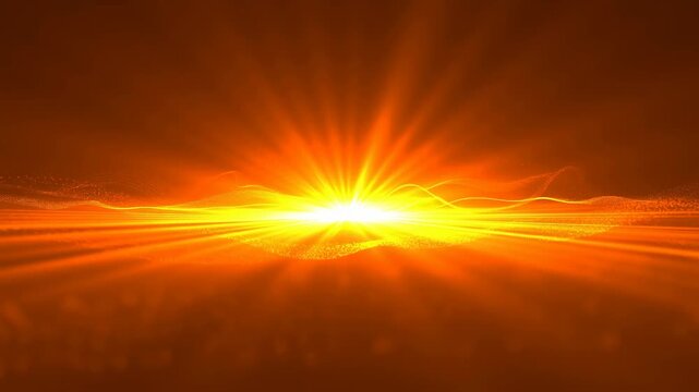 Orange light burst radiates through a dark luminous field with flowing horizontal energy lines. Title sequence, technology presentation opener, and advertising transition.