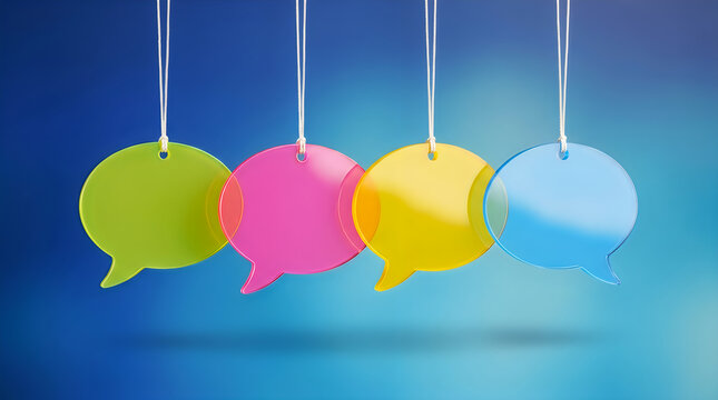 Four colorful speech bubble tags hanging on strings against a blue gradient background, representing communication, conversation, dialogue, and ideas