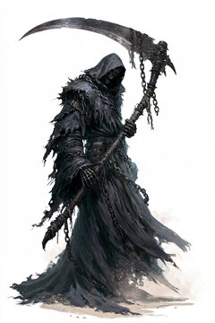 Grim Reaper Tattered Undead Skeleton Carrying Chained Scythe on White Background for Halloween Horror Fantasy Role Play