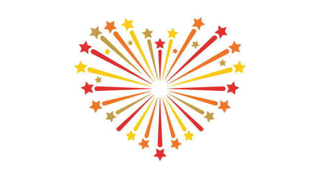 A heart shape made of colorful radiating lines and stars, resembling a festive firework burst.