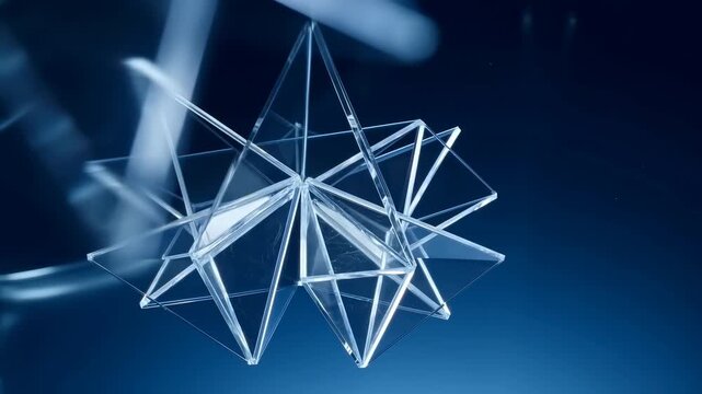 Geometric crystal rotates in a dark blue futuristic digital environment. Technology presentations, science education, and engineering explainers.