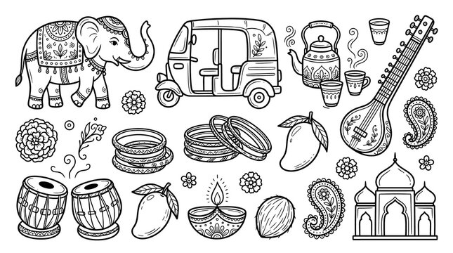 Indian culture doodle set, hand drawn traditional icons of elephant and rickshaw, black and white travel illustrations for coloring and design