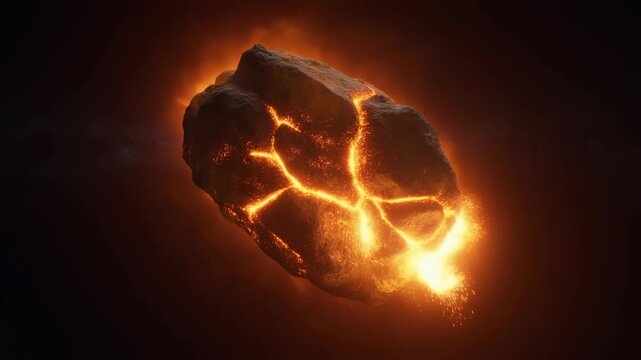 Molten cracked rock glows with falling embers in a dark isolated setting. Geology education, volcanology documentary, and natural disaster communication.