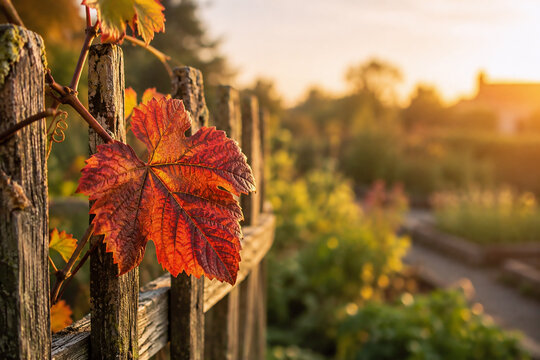 Rotes Weinblatt an rustikalem Holzzaun im goldenen Herbstlicht