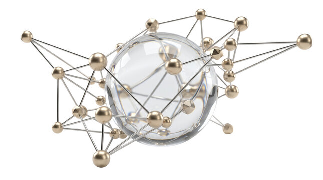 Futuristic molecular structure with glass sphere, golden neural network nodes, abstract science and technology concept on white background