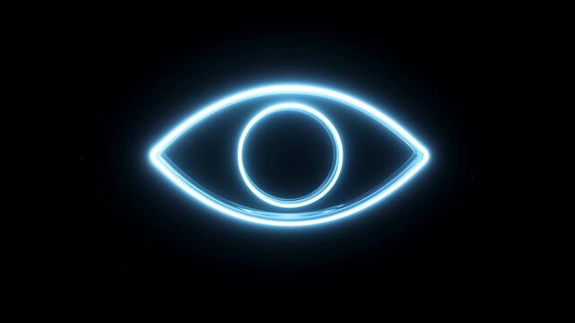 Glowing blue eye symbol pulses on a black digital field. Cybersecurity presentations, privacy awareness campaigns, and digital security interfaces.