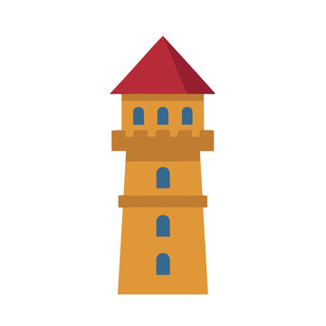 Cartoon tower with red roof and blue windows