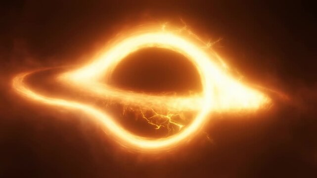 Glowing black hole swirls with plasma arcs in deep space. Astronomy education, science documentary, and astrophysics presentation.